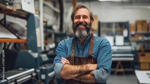 A man with a beard and a blue shirt is smiling in a workshop