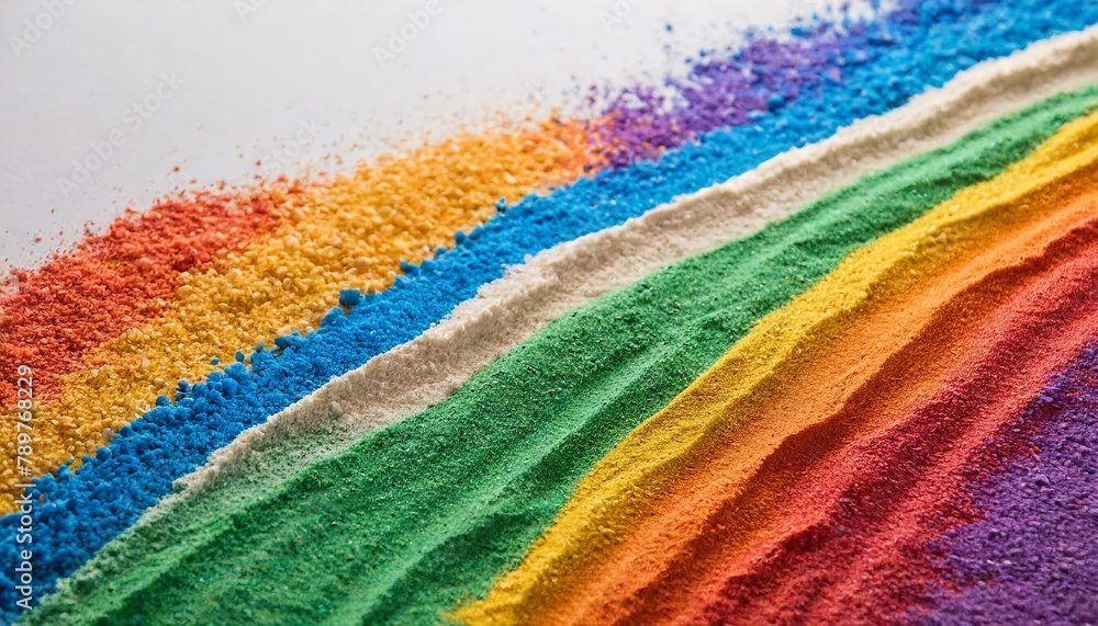 Close up of stripes of rainbow coloured sand and copy space on white background Close up of stripes of rainbow coloured sand and copy space on white background