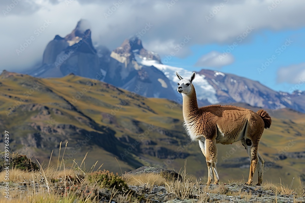 Obraz premium Guanaco (Lama Guanicoe) admiring the Andes..