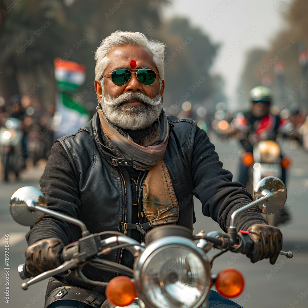 Middle-aged Indian man enjoys riding motorcycle during Republic Day celebration.