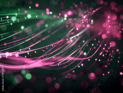 abstract background with glowing light beams and curves on a black background. Big data technology concept with pink and green lines of connection or network web in motion in the style of a web