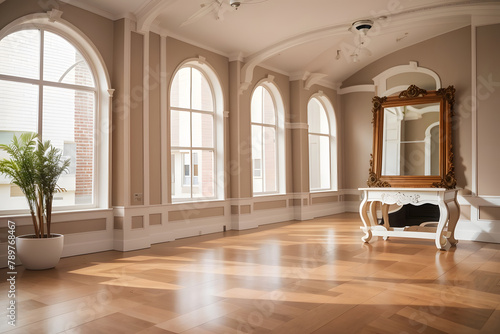 An expansive room with polished wood flooring housing a large empty picture frame for decoration design.