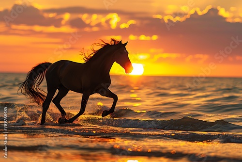 Horse and sunset. An Arabian horse trotting along the shore with a vibrant sunset over the bay . © crescent