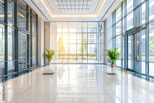 Hotel or office building lobby blur background interior view toward reception hall, modern luxury white room space with blurry corridor and building glass wall window. .