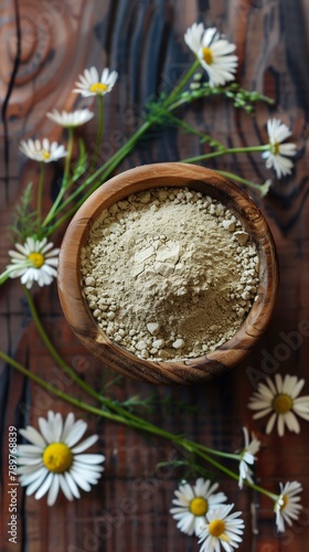 Flat lay extract chamomile flower flour natural skincare ingredient