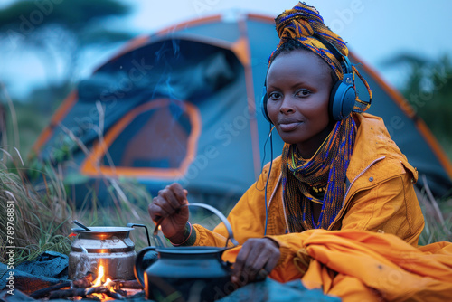 African woman is camping outdoors with a headphone on her head