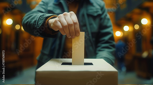 Closeup of a hand of a man putting paper inside of a voting box photo