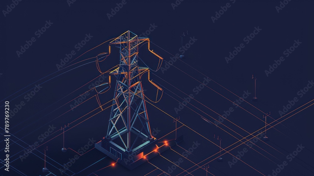 Dark background with High Voltage Power Pylon in isometric style. Steel Power line Generator. AI generated