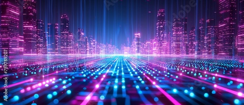 Digital world neon grid, VR realm photo