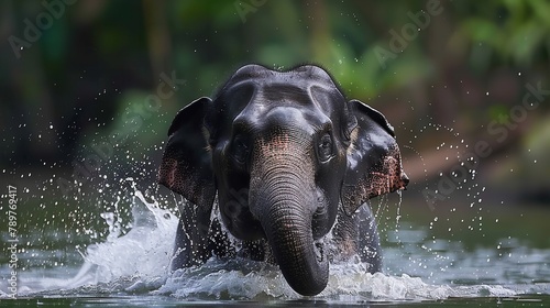 Portrait of a Asian Elephant is enjoying bathing in river or lake with a blurry nature backdrop and a big space for text or backdrop, Generative AI. photo