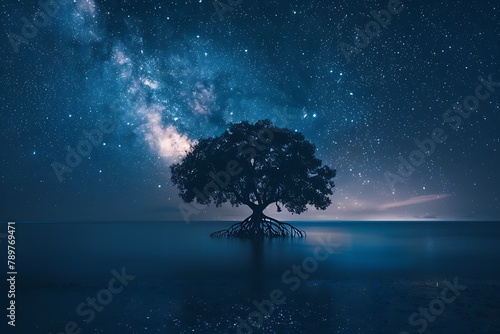 Landscape with Milky way galaxy. Night sky with stars and silhouette mangrove tree in sea. Long exposure photograph.