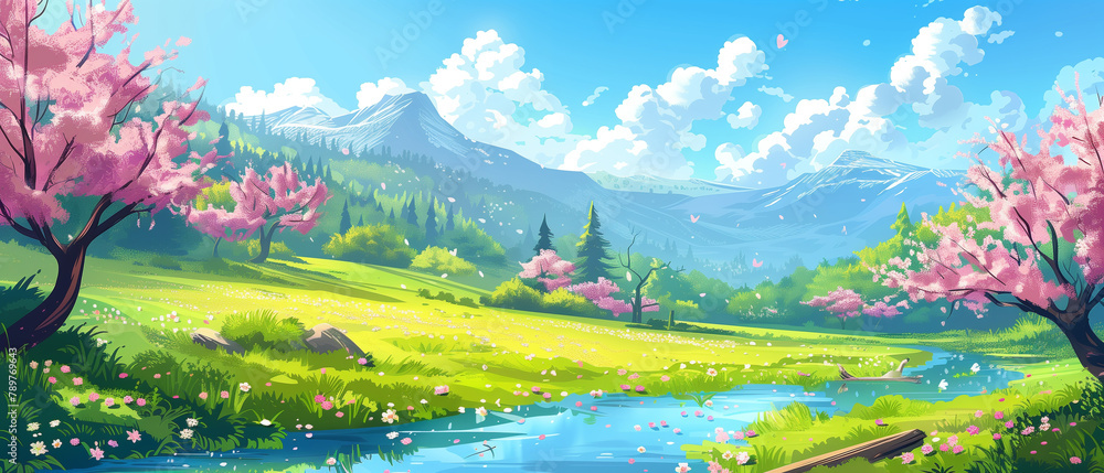 Spring landscape with blue sky 