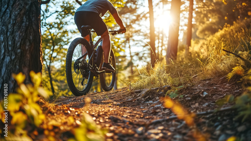 Cyclist rides a mountain bike on a forest trail bathed in the golden light of a setting sun, evoking a sense of freedom and adventure. 