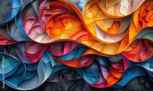 Closeup of the dimensionhopping street art reveals a kaleidoscope of colors and shapes, as the vibrant murals defy the boundaries of space and time, inviting passersby to glimpse into alternate realit photo