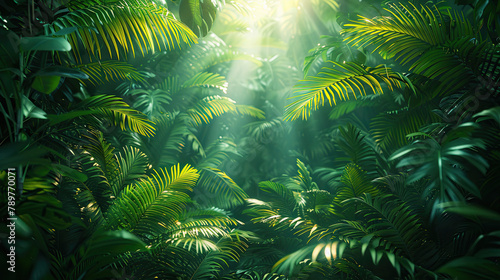 Closeup of the neonlit rainforest reveals the intricate interplay of light and shadow, as the citys glow pierces through the dense foliage, casting an otherworldly glow upon the verdant landscape photo