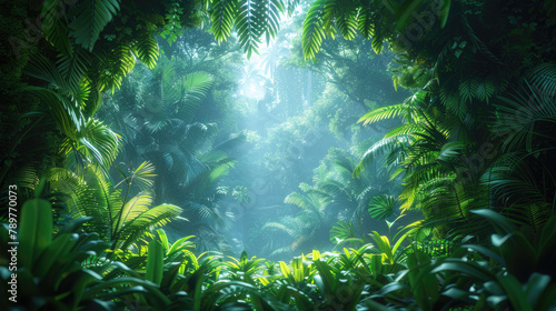 Closeup of the neonlit rainforest reveals the intricate interplay of light and shadow  as the citys glow pierces through the dense foliage  casting an otherworldly glow upon the verdant landscape