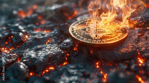 Lost in the depths of the inferno, Bitcoin flickers like a distant flame In the hellish landscape, fortunes rise and fall amidst the chaos photo