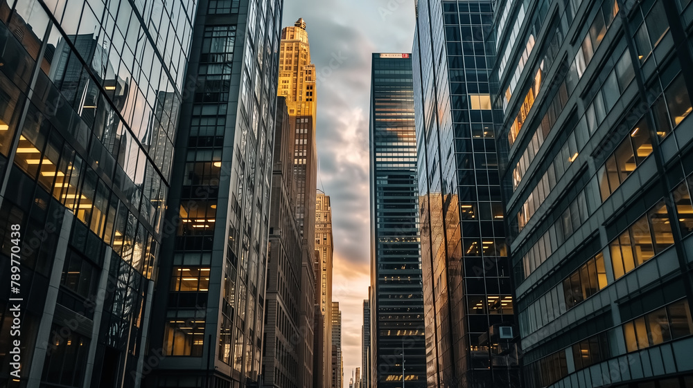 Obraz premium The setting sun casts a golden hue over towering skyscrapers, reflecting off the glass facades in the heart of the urban jungle.
