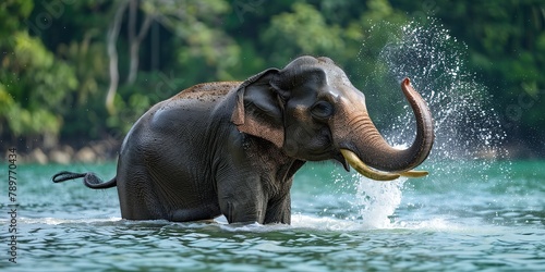 Portrait of a Asian Elephant is enjoying bathing in river or lake with a blurry nature backdrop and a big space for text or backdrop  Generative AI.