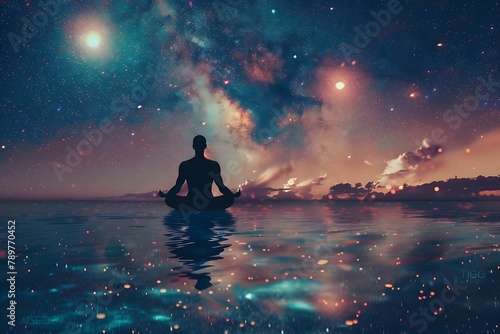 Man silhouette, meditation under stars, full moon, milky way, universe. Man silhouette in water, practicing meditation, contemplating to the stars, milky way. Colorful night sky with full moon and 