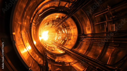 The perspective view of a futuristic tunnel illuminated by a warm  golden light creates a sense of depth and innovation.