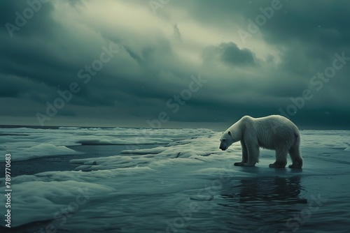 Melting World. A polar bear stands on a thin ice floe off the northern coast of the Svalbard Archipelago. .