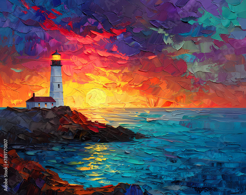 Oil Paint Sunset Lighthouse Wall Art Generated by AI