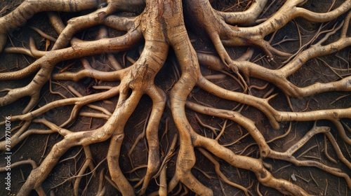 Closeup of a network of intricate tree roots intertwined with each other representing the interconnectedness and support system that comes with planting trees in a community. . photo