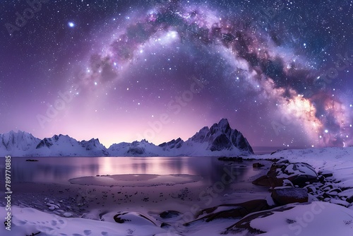 Milky Way arch over the sea coast and snow covered mountains. Milky Way arch, sea coast and snow covered mountains in winter at night. Lofoten Islands, Norway. Arctic landscape with starry purple s
