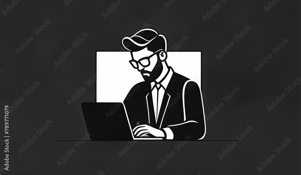 businessman with laptop, person with laptop, person working on laptop, person working on computer, ai, logo businessman, icon businessman, businessman black and white