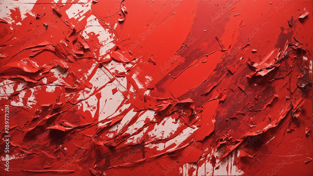 An abstract oil painting with thick red and white brush strokes.

