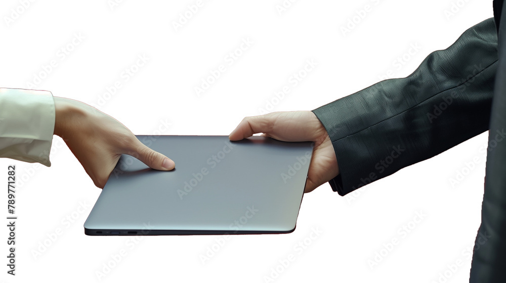 Hand passing laptop Hand passing laptop