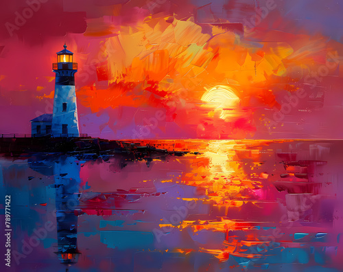 Oil Paint Sunset Lighthouse Wall Art Generated by AI
