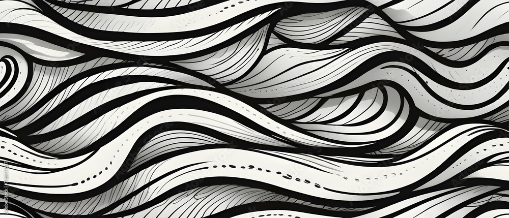 Wavy and swirled brush strokes seamless pattern. Seamless horizontal banner with doodle bold lines. Black and white wallpaper Wavy and swirled brush strokes seamless pattern. Seamless horizontal banner with doodle bold lines. Black and white wallpaper