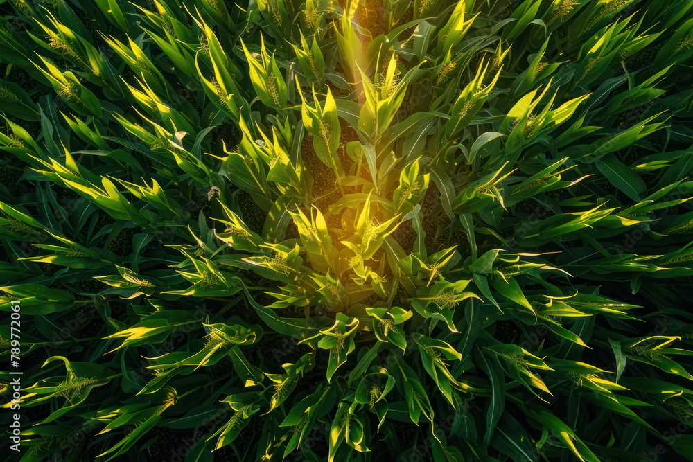 Fototapeta premium top view of corn field with sunset background, landscape, natural farm