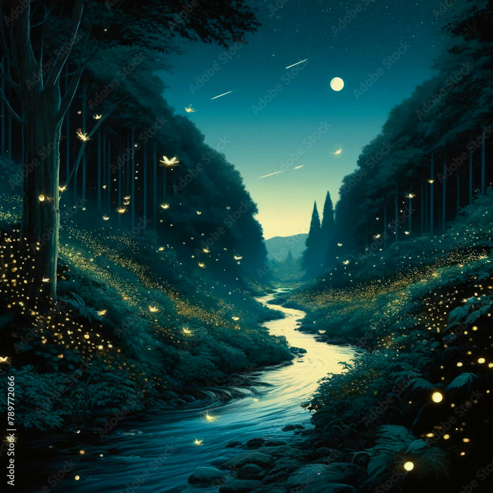 Enchanted Nighttime Forest with Fireflies and River
