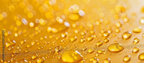 Close-up view of tiny translucent droplets of water resting on a vibrant yellow textured surface