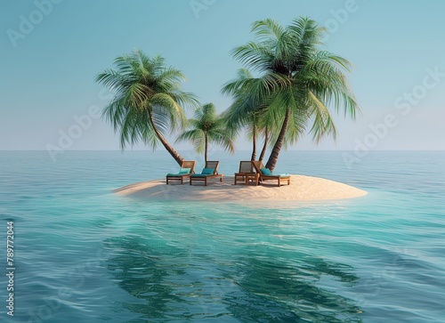 tiny tropical island with palm trees and beach chairs on blue background. summer vacation concept