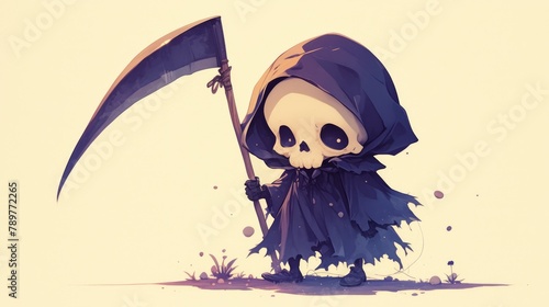 Illustration of a charming cartoon grim reaper wielding a scythe embodying the Halloween spirit of death