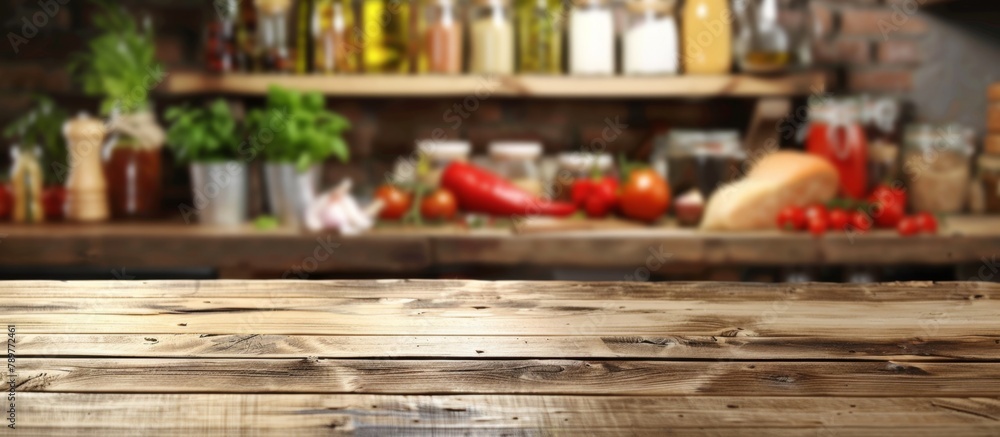 A variety of food items in bottles are neatly arranged on a rustic wooden table in a cozy kitchen setting A variety of food items in bottles are neatly arranged on a rustic wooden table in a cozy kitchen setting