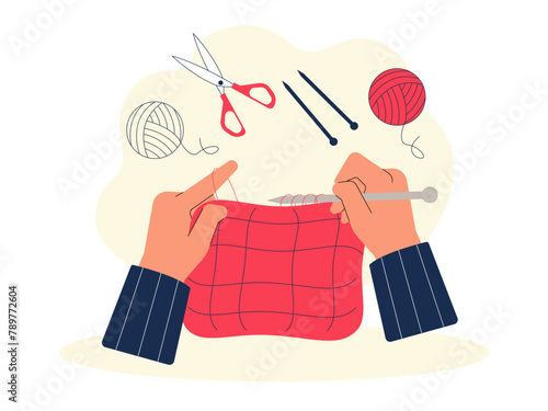 Woman knitting fabric. Craft vector illustration