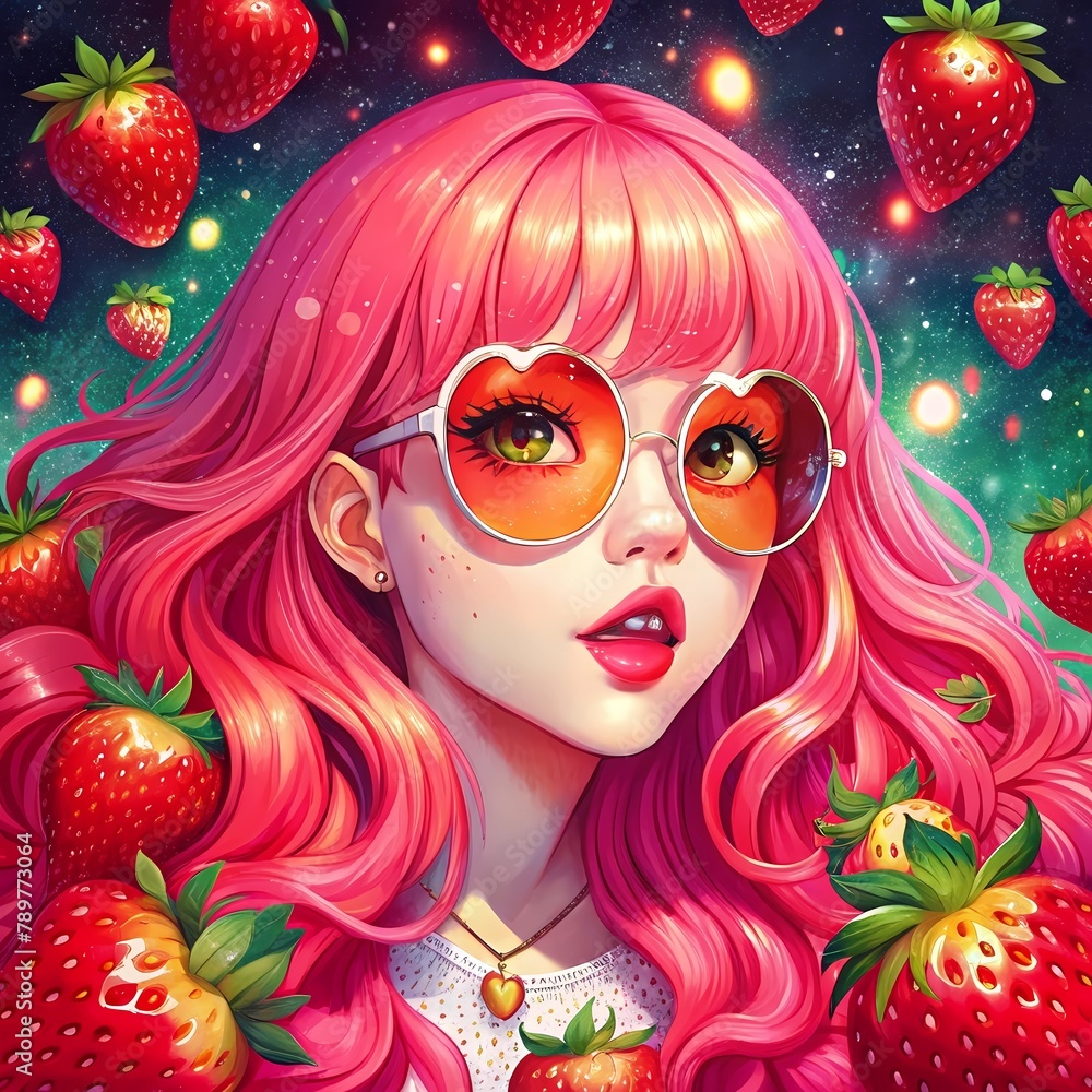 Fototapeta premium GIRLS with pink sunglass and strawberry in love