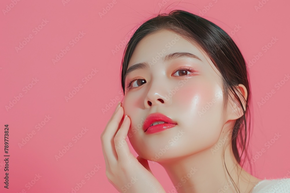 Young Asian beauty woman pulled back hair with korean makeup style touch her face and perfect skin on isolated pink background. Facial treatment, Cosmetology, plastic surgery - generative ai Young Asian beauty woman pulled back hair with korean makeup style touch her face and perfect skin on isolated pink background. Facial treatment, Cosmetology, plastic surgery - generative ai
