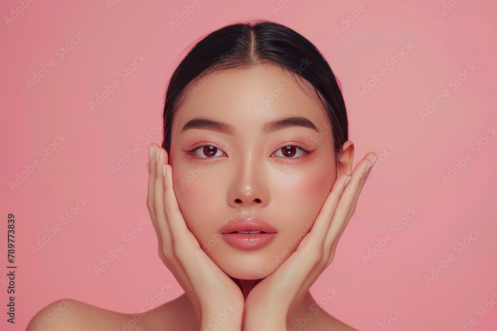 Young Asian beauty woman pulled back hair with korean makeup style touch her face and perfect skin on isolated pink background. Facial treatment, Cosmetology, plastic surgery - generative ai Young Asian beauty woman pulled back hair with korean makeup style touch her face and perfect skin on isolated pink background. Facial treatment, Cosmetology, plastic surgery - generative ai