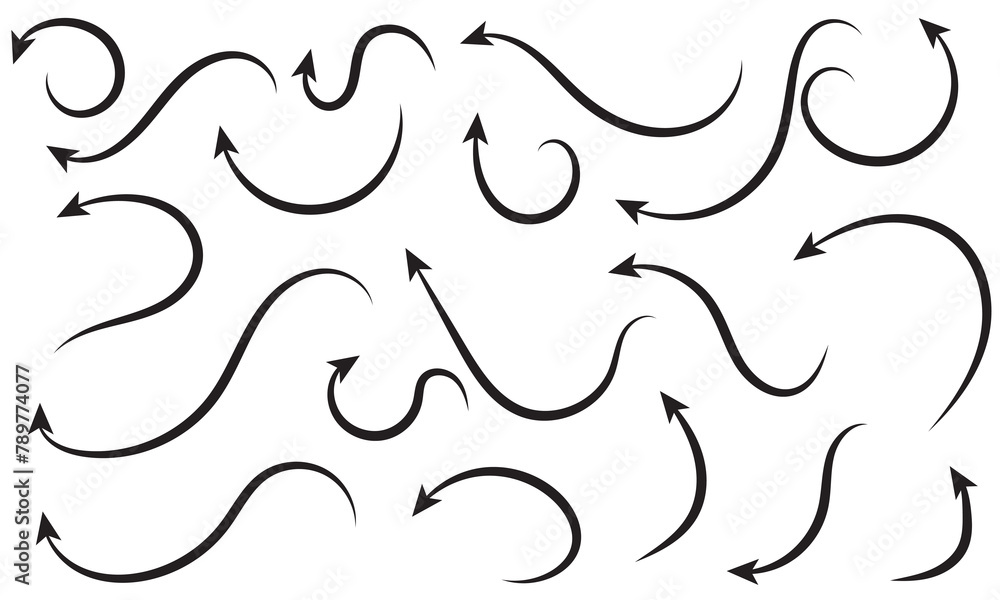 Super set different shape hand drawn arrows. Doodle style curved and squiggly arrows. Illustrations for Web or polygraphy Design.