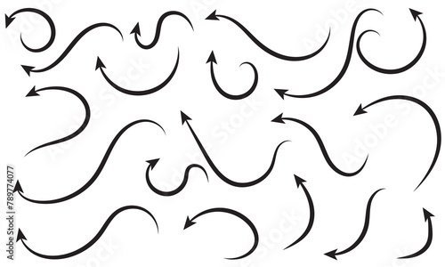 Super set different shape hand drawn arrows. Doodle style curved and squiggly arrows. Illustrations for Web or polygraphy Design.