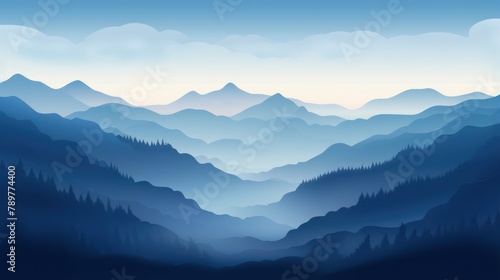 Illustration of a beautiful dark blue mountain landscape with fog and forest, capturing sunrise and sunset in the mountains © crazyass