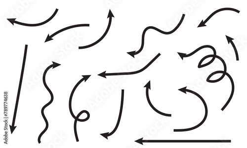 Super set different shape hand drawn arrows. Doodle style curved and squiggly arrows. Illustrations for Web or polygraphy Design.