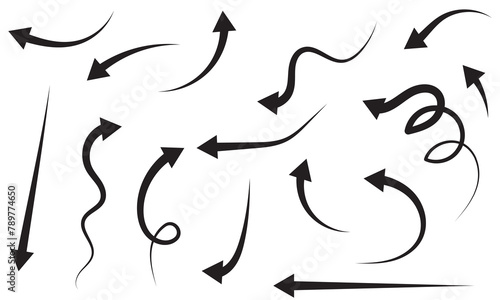 Super set different shape hand drawn arrows. Doodle style curved and squiggly arrows. Illustrations for Web or polygraphy Design.