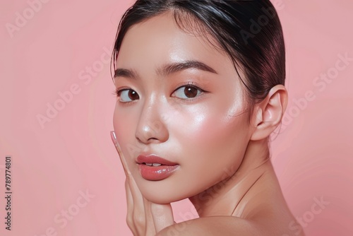 Young Asian beauty woman pulled back hair with korean makeup style touch her face and perfect skin on isolated pink background. Facial treatment  Cosmetology  plastic surgery - generative ai